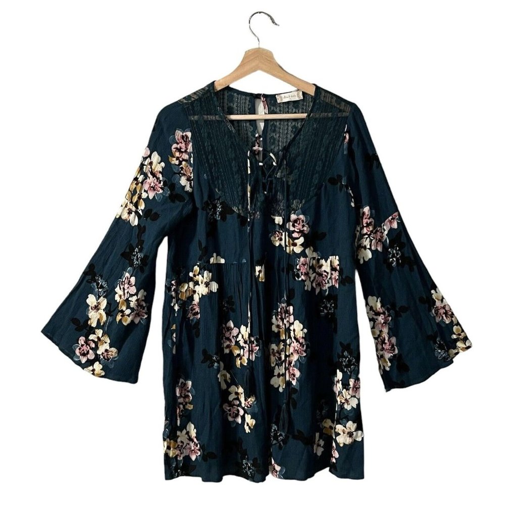 Altard State Dress Size Small Shift Flare Sleeve Lace Up Mini Floral 20318A